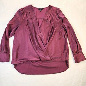 BANANA REPUBLIC BURGUNDY SATIN CREPE VOLUME-SLEEVE BLOUSE SIZE PETITE LARGE